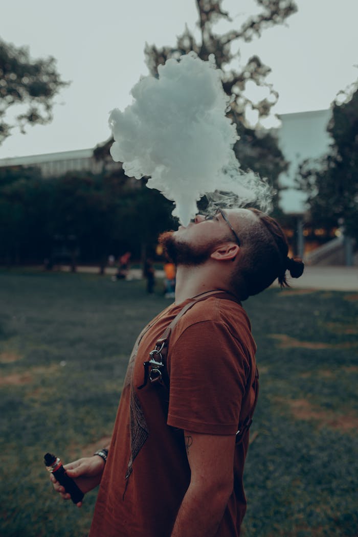 Profile of a man vaping outdoors, releasing thick vapor against a blurred park background.
